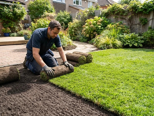 Verlegter Rollrasen im Garten